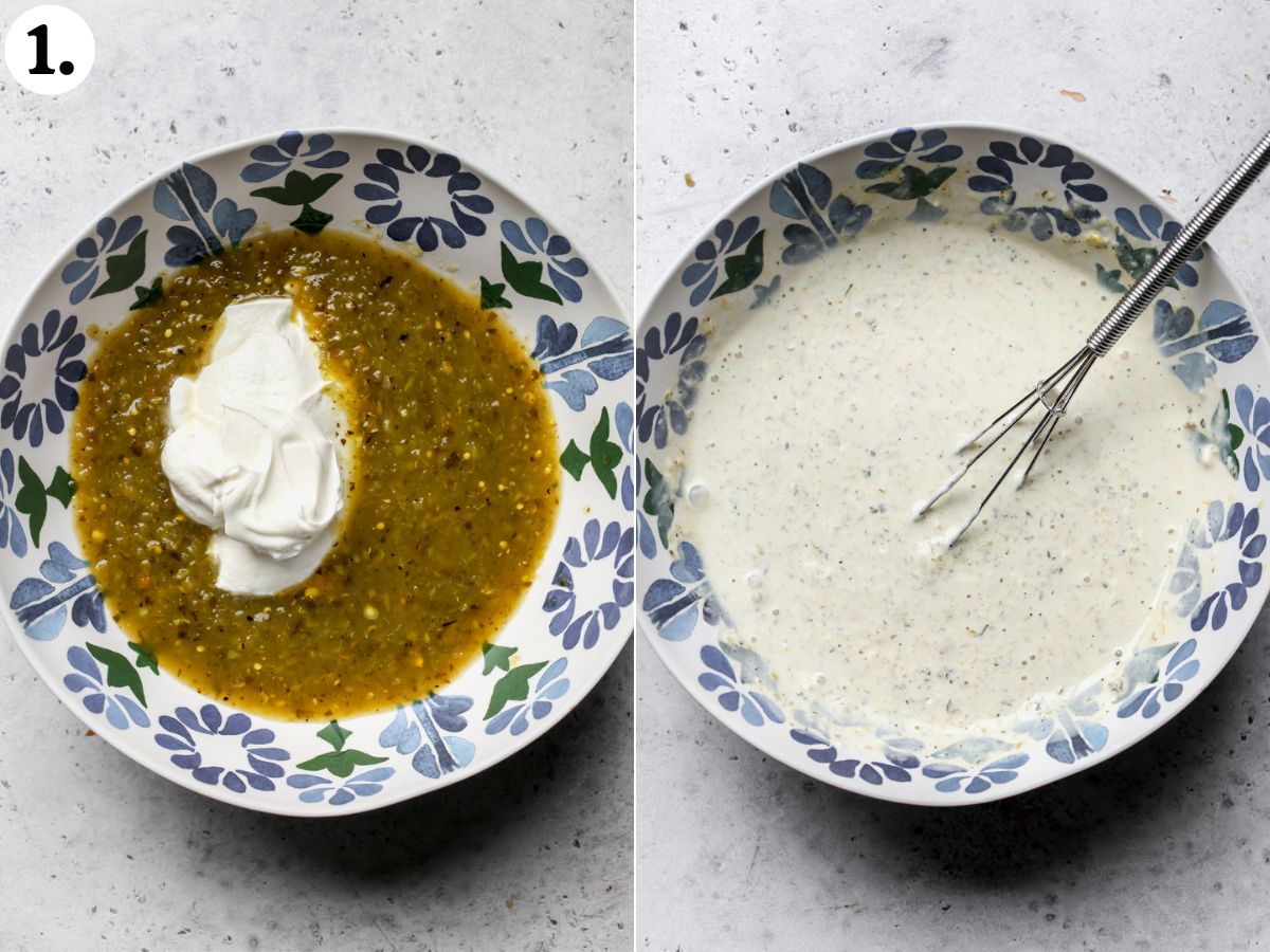 Sour cream and salsa verde being combined and mixed until smooth and creamy in a white and blue bowl.