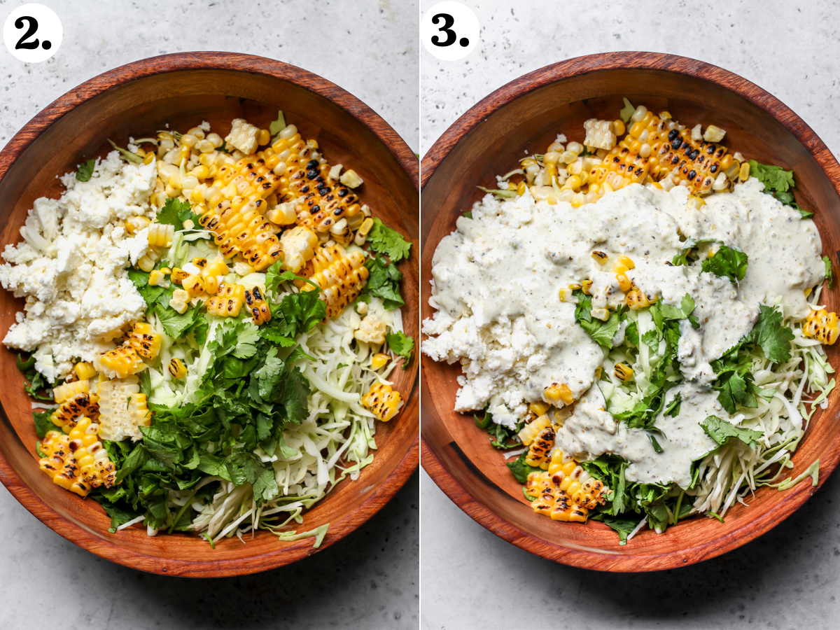 Cabbage, corn, cilantro, and cheese being combined in a wooden bowl and creamy salsa verde being poured overtop.