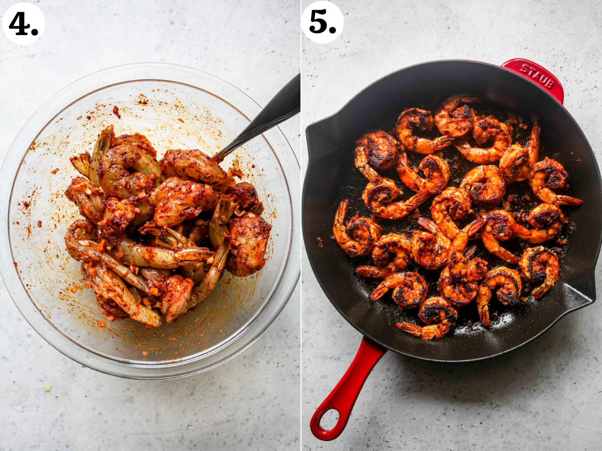 Shrimp being seasoned in a bowl and sautéed in a skillet.