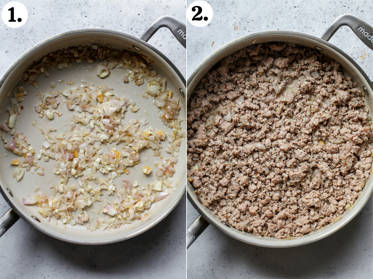 Aromatics being sautéed in a pan, and ground turkey being added in and cooked.