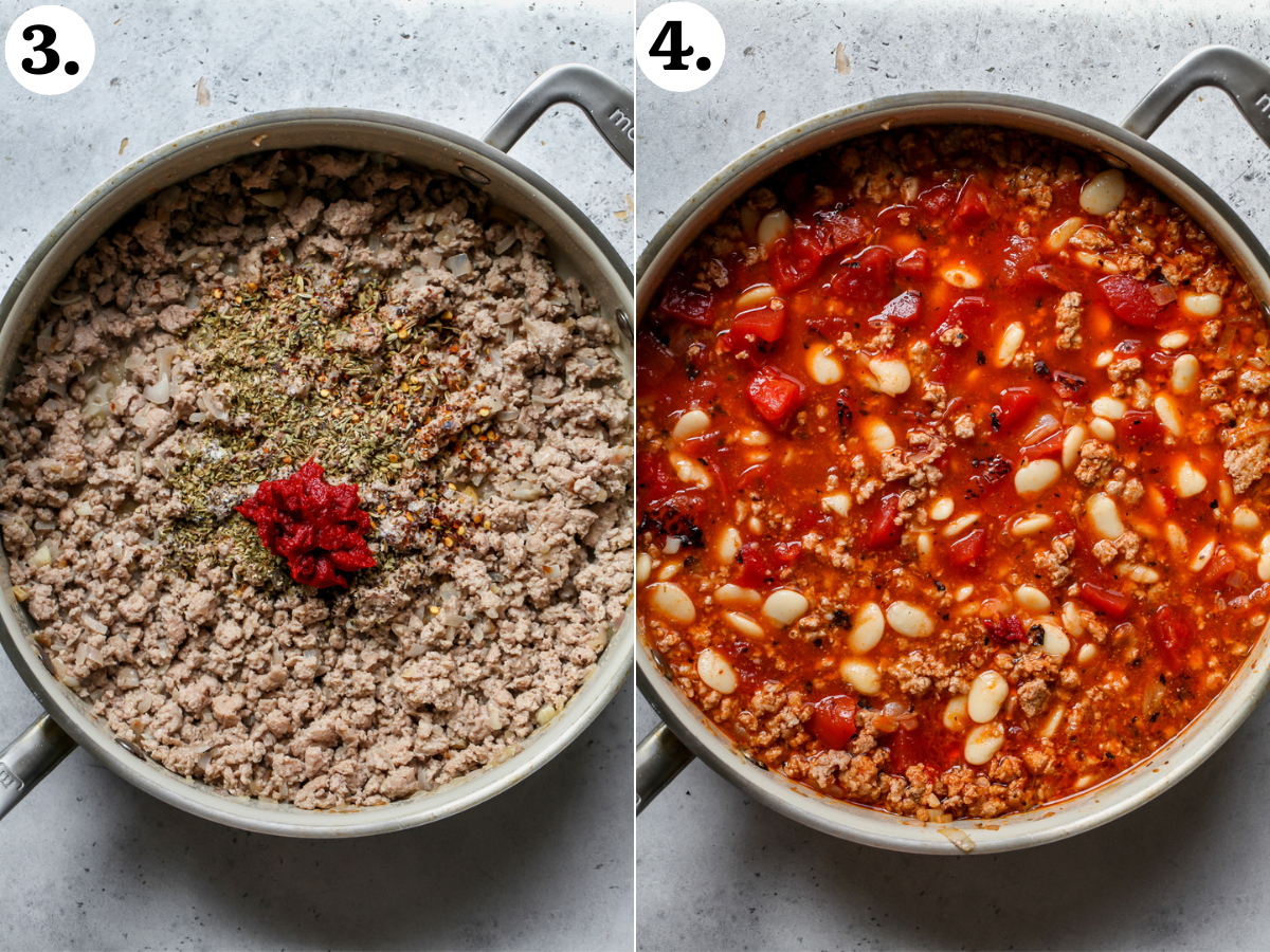 Tomato paste, herbs, fire-roasted tomatoes, butter beans, and broth being added to a pan of ground turkey.