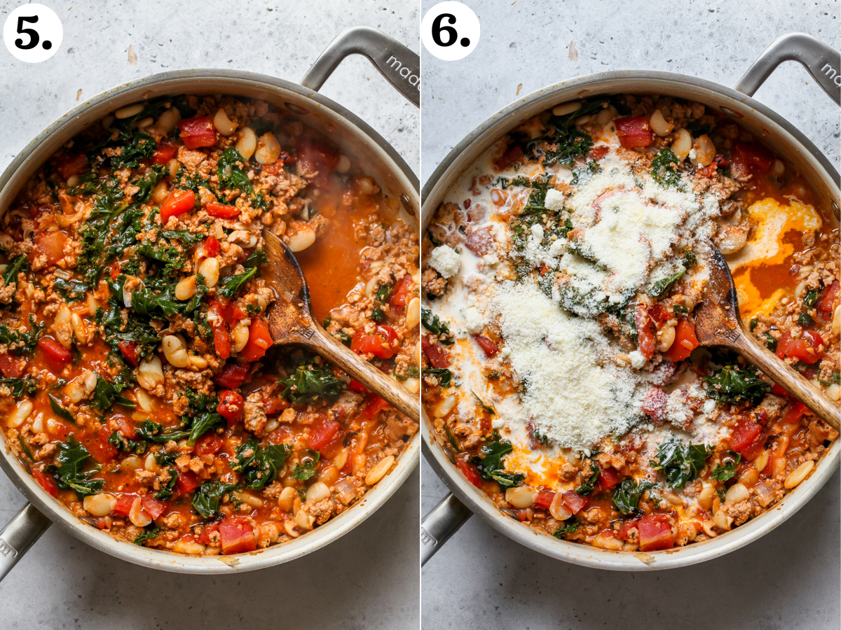 Kale, Parmesan, and heavy cream being added to a pan of cooked tomatoes, beans, and ground turkey.
