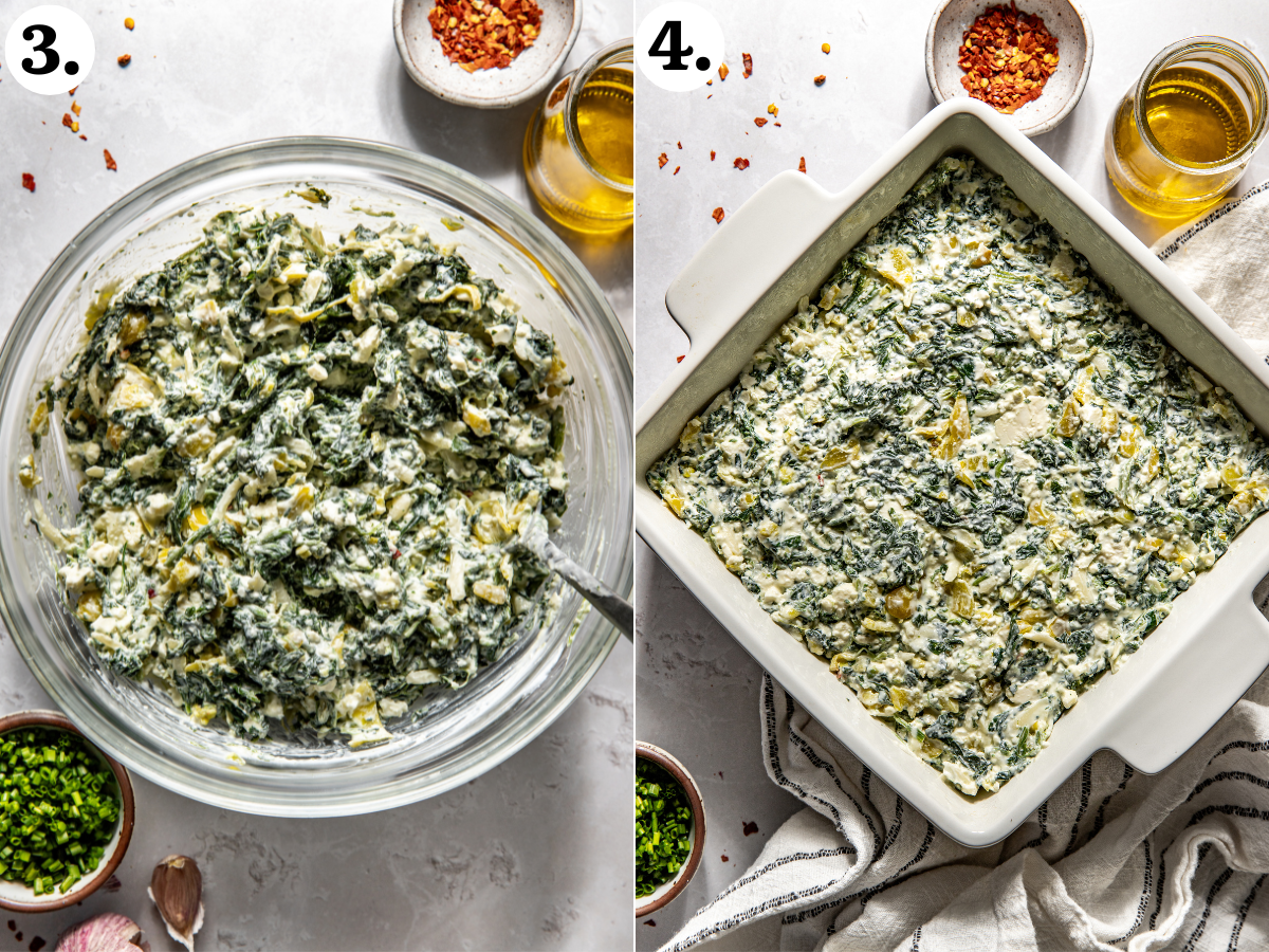 spinach and pepperoncini dip being spread out in a white square baking dish.