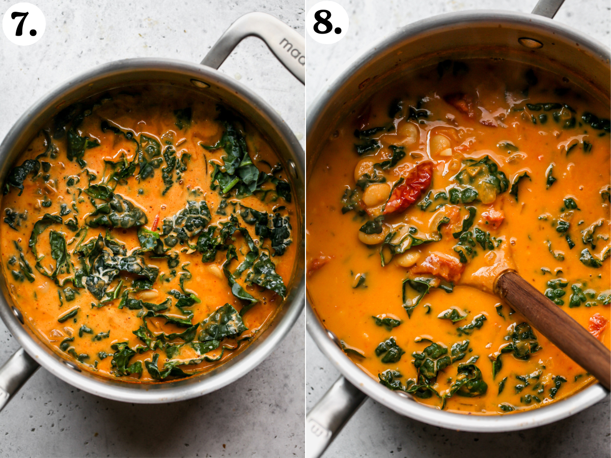 Kale being added to soup after blending, and stirred with a wooden ladle.