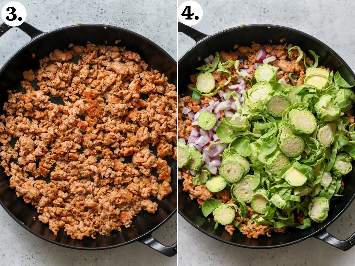 Ground sausage, sliced Brussels sprouts, and shallots being sautéed in a skillet.