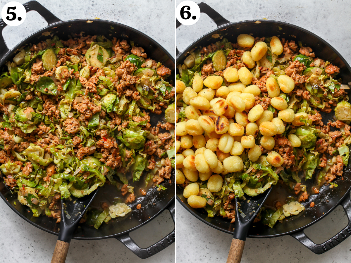 Cider-maple sauce being mixed into a skillet of sausage and veggies, and crispy gnocchi being added back in.