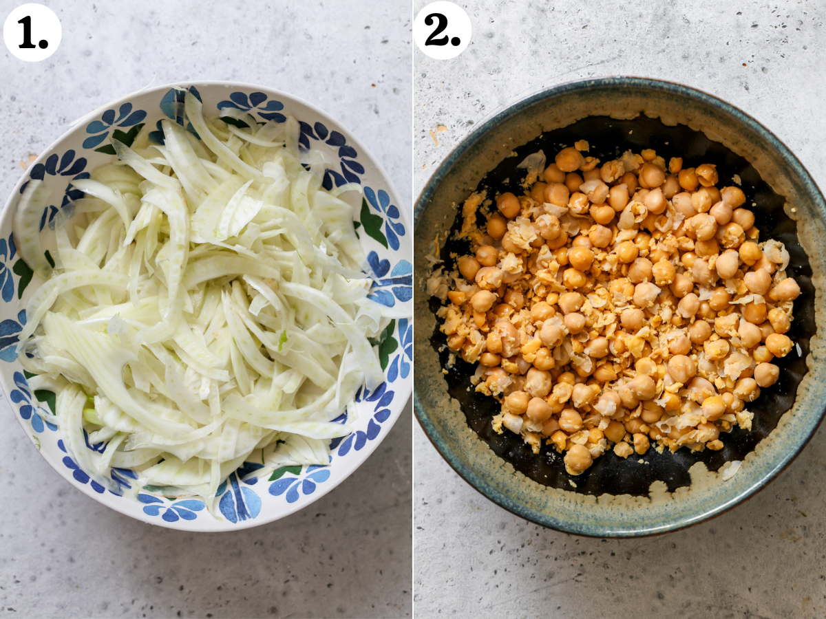 Slices of fennel being pickled in a white and blue bowl, and partially mashed chickpeas being added to a second black bowl.