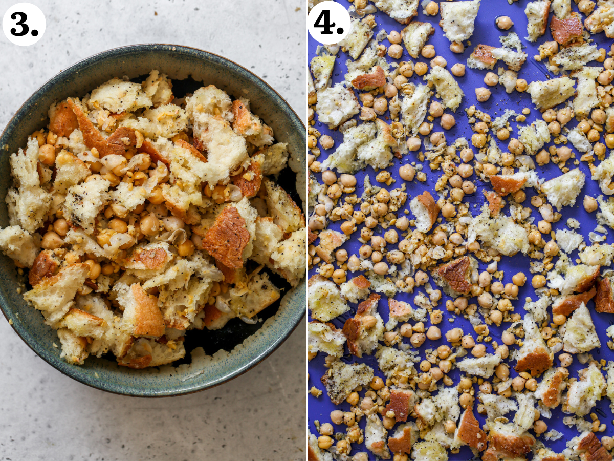 Ciabatta bread being added to chickpea mixture and everything being spread out on a large blue baking sheet for roasting.