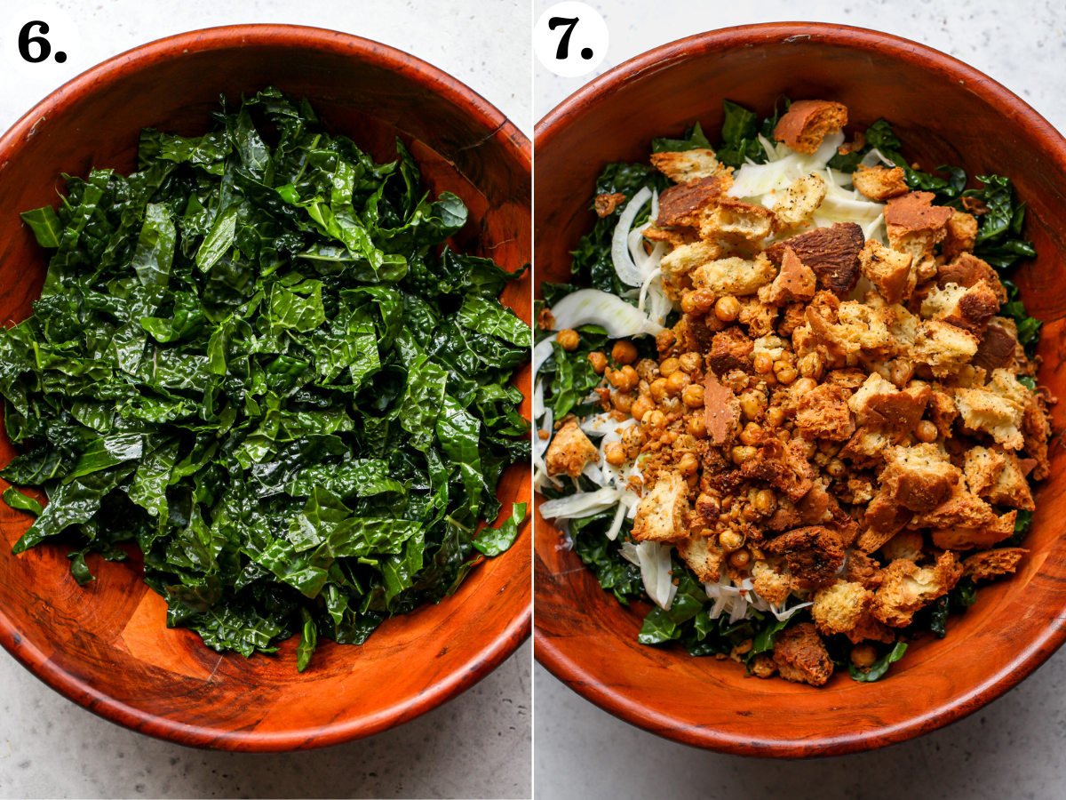 Massaged kale in a large wooden mixing bowl being topped with pickled fennel and chickpea-ciabatta mixture.