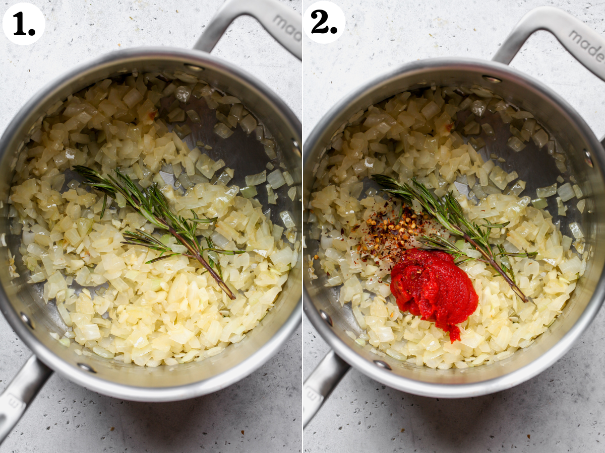 Onion, rosemary, tomato paste, and chili flakes being sautéed in a pot.