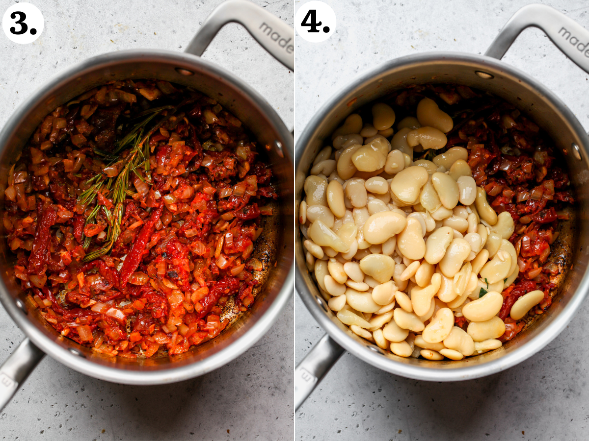 Sun-dried tomatoes and butter beans being added to the pot of sautéed aromatics.
