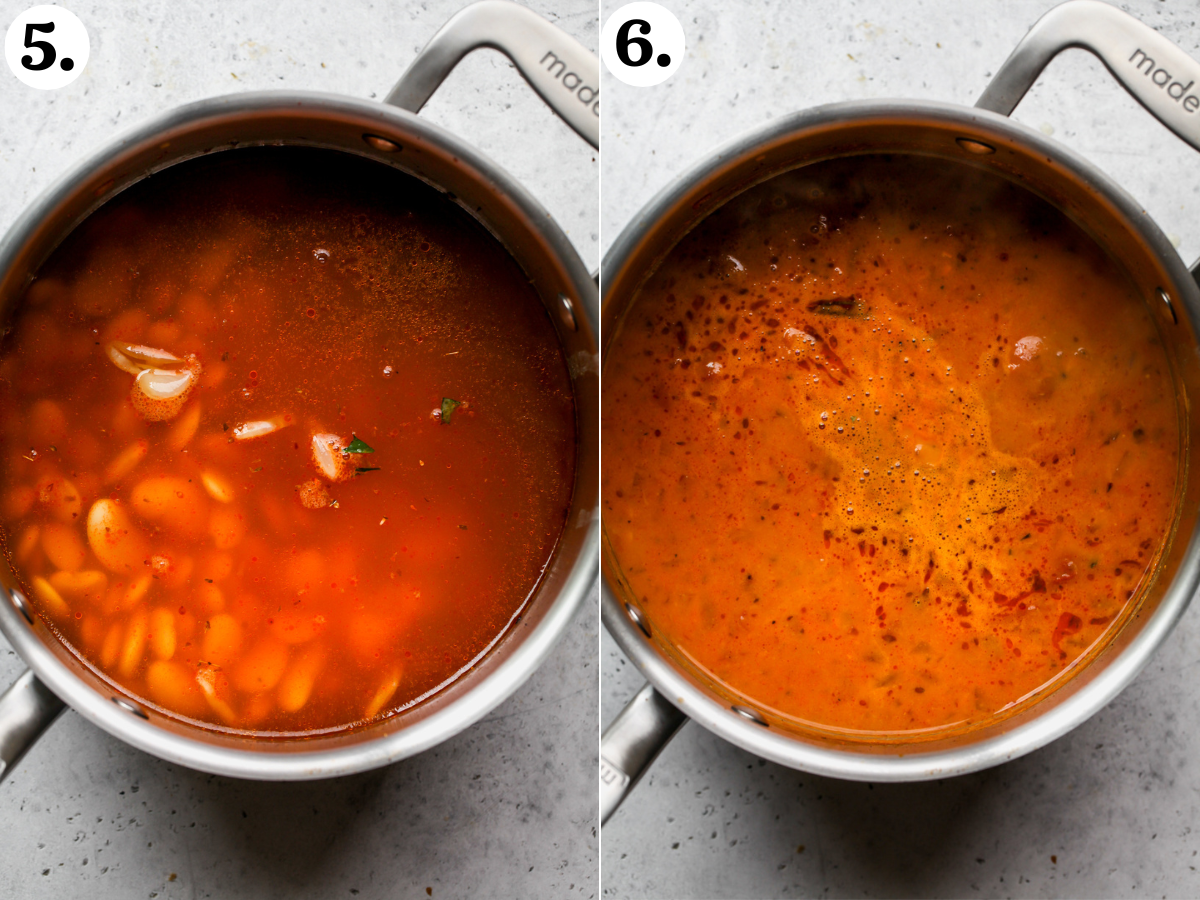 Broth being added to soup and the soup being simmered in a stockpot.