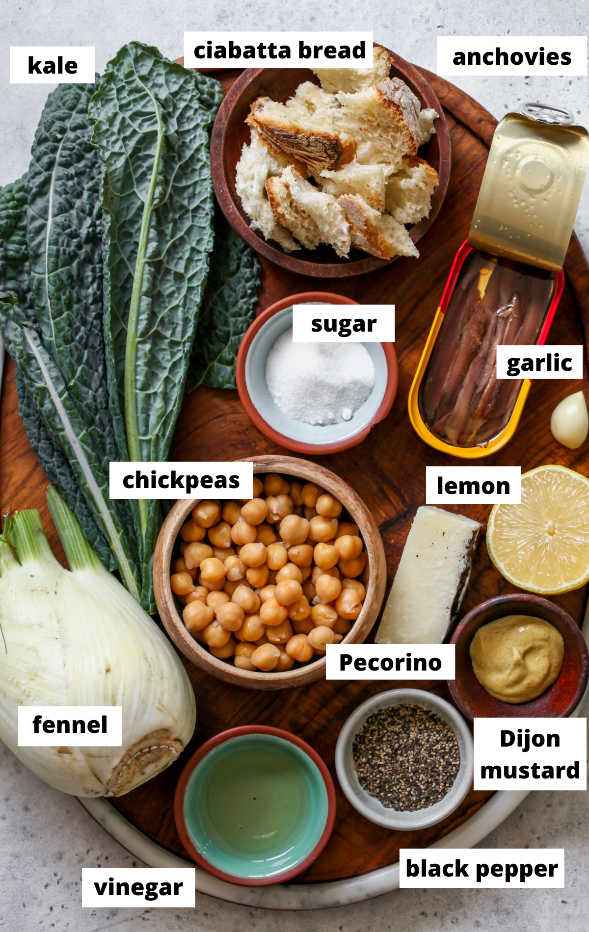 Recipe ingredients arranged on a platter with labels.