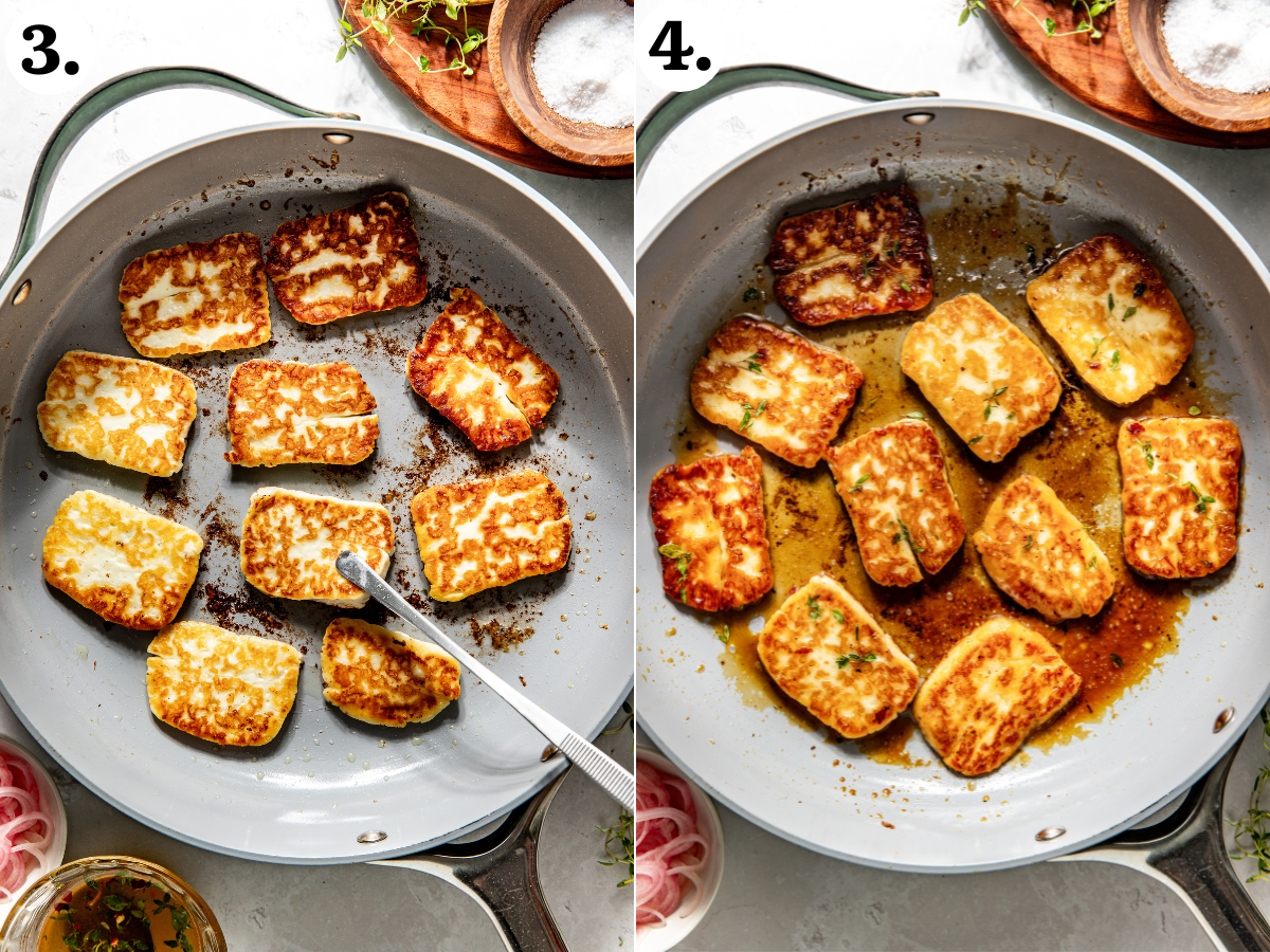 Halloumi slices being caramelized in a pan.