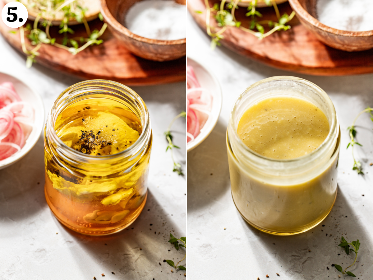 Creamy cider dressing being mixed until smooth in a glass jar.
