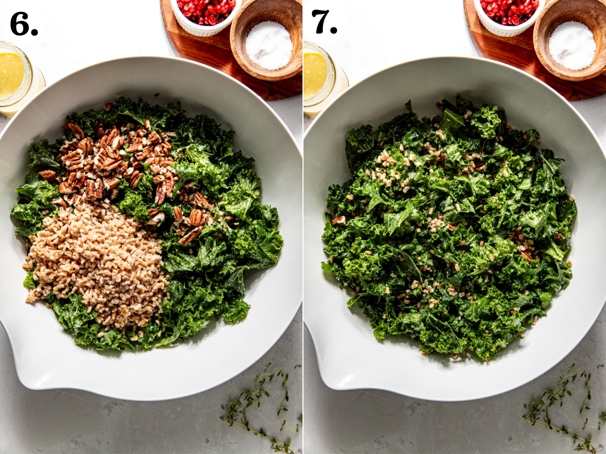 Kale, farro, and pecans being mixed together in a large white mixing bowl.