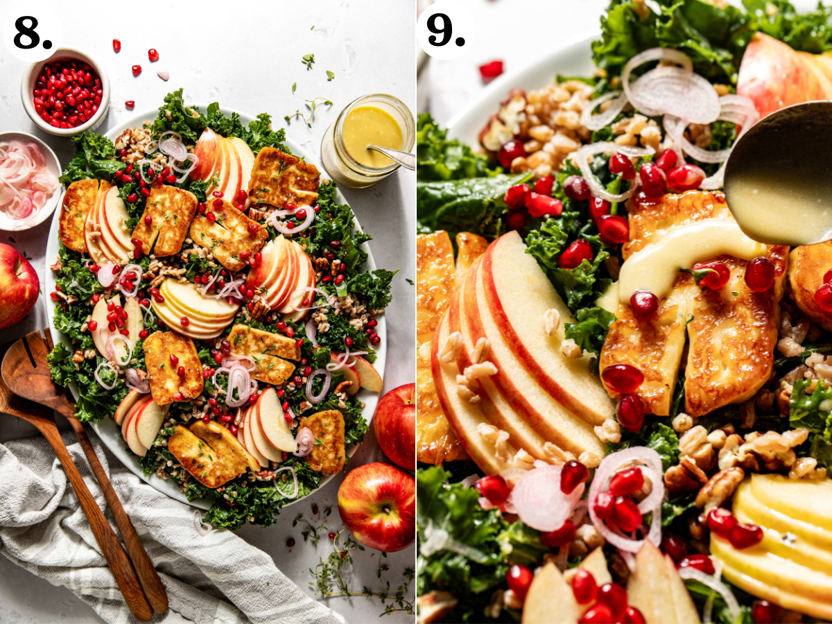 Halloumi salad being assembled on a platter and cider dressing being drizzled overtop.