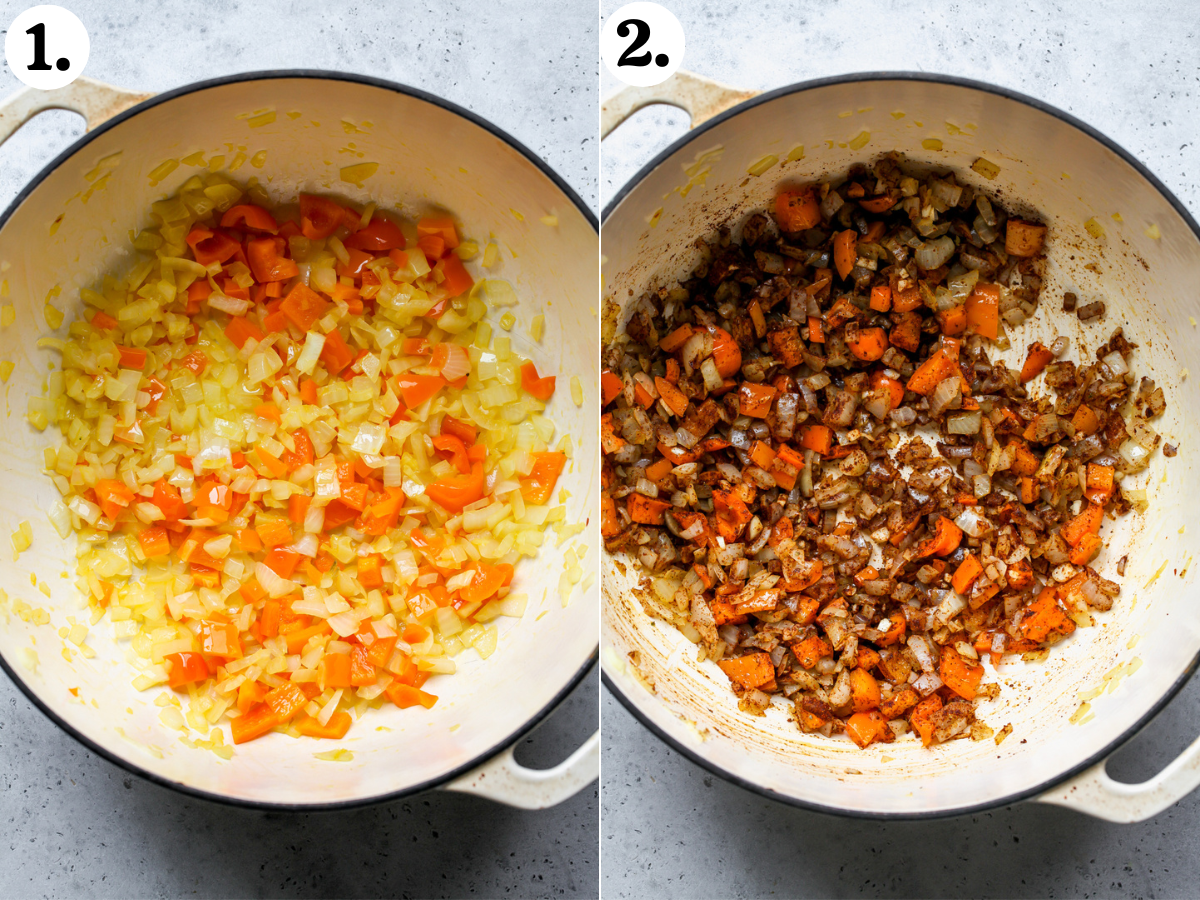 Onion, bell pepper, garlic, and spices being sautéed in a large tan stockpot. 