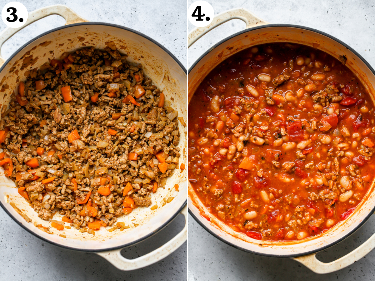 Ground turkey, tomatoes, pumpkin, and broth being added to pot with aromatics.