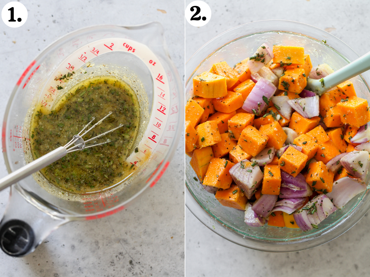 Olive oil and Parmesan mixture being mixed in a large liquid measuring cup and poured into a bowl of butternut squash and red onion.
