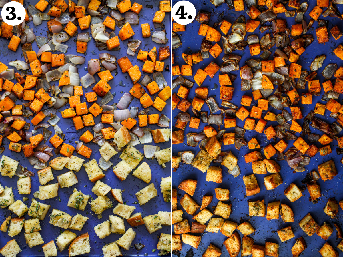 Butternut squash, red onion, and sourdough bread chunks being roasted on a large blue baking sheet.