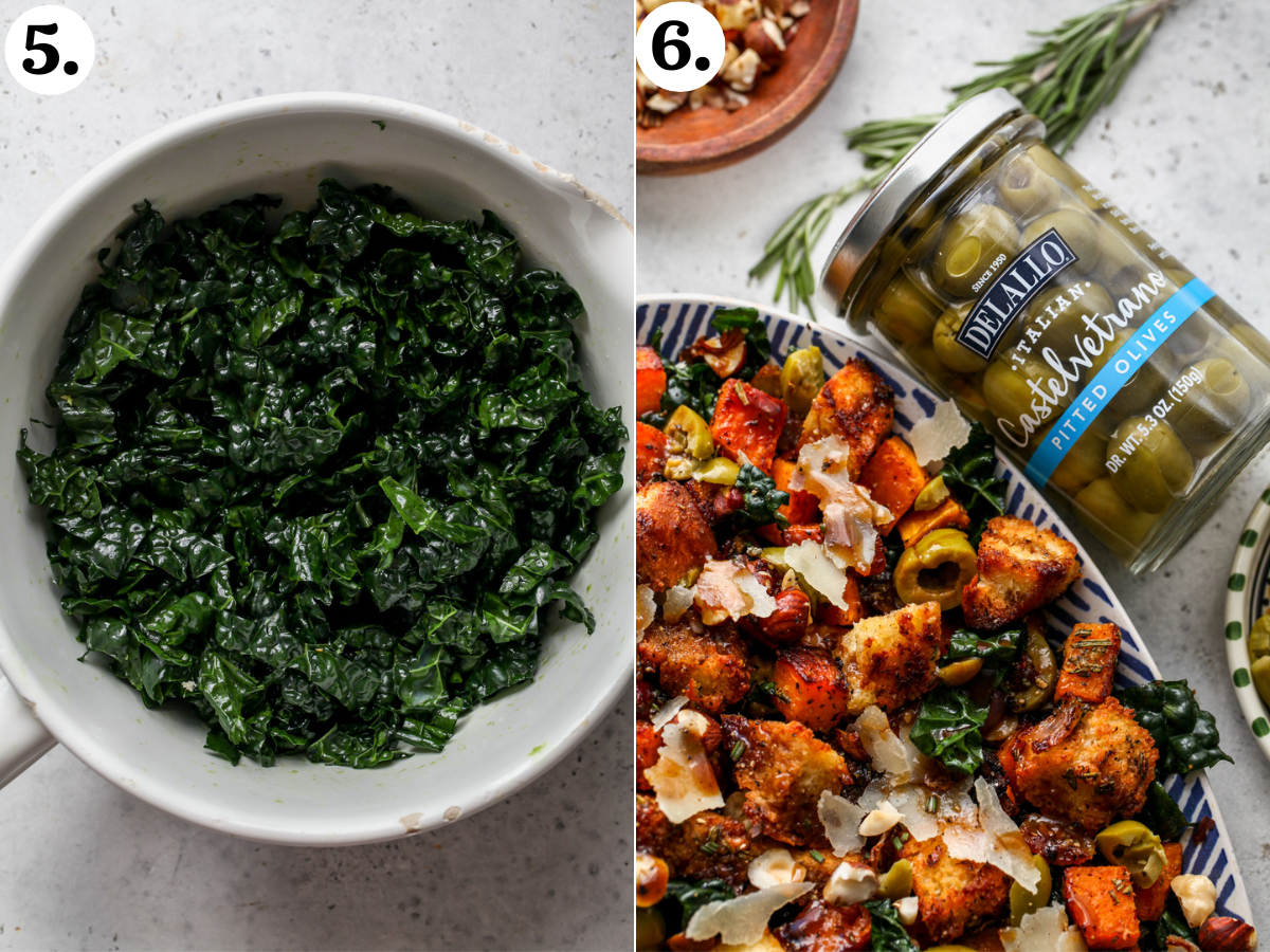 Kale being massaged on a large white bowl, and DeLallo olives being shown next to a salad platter.