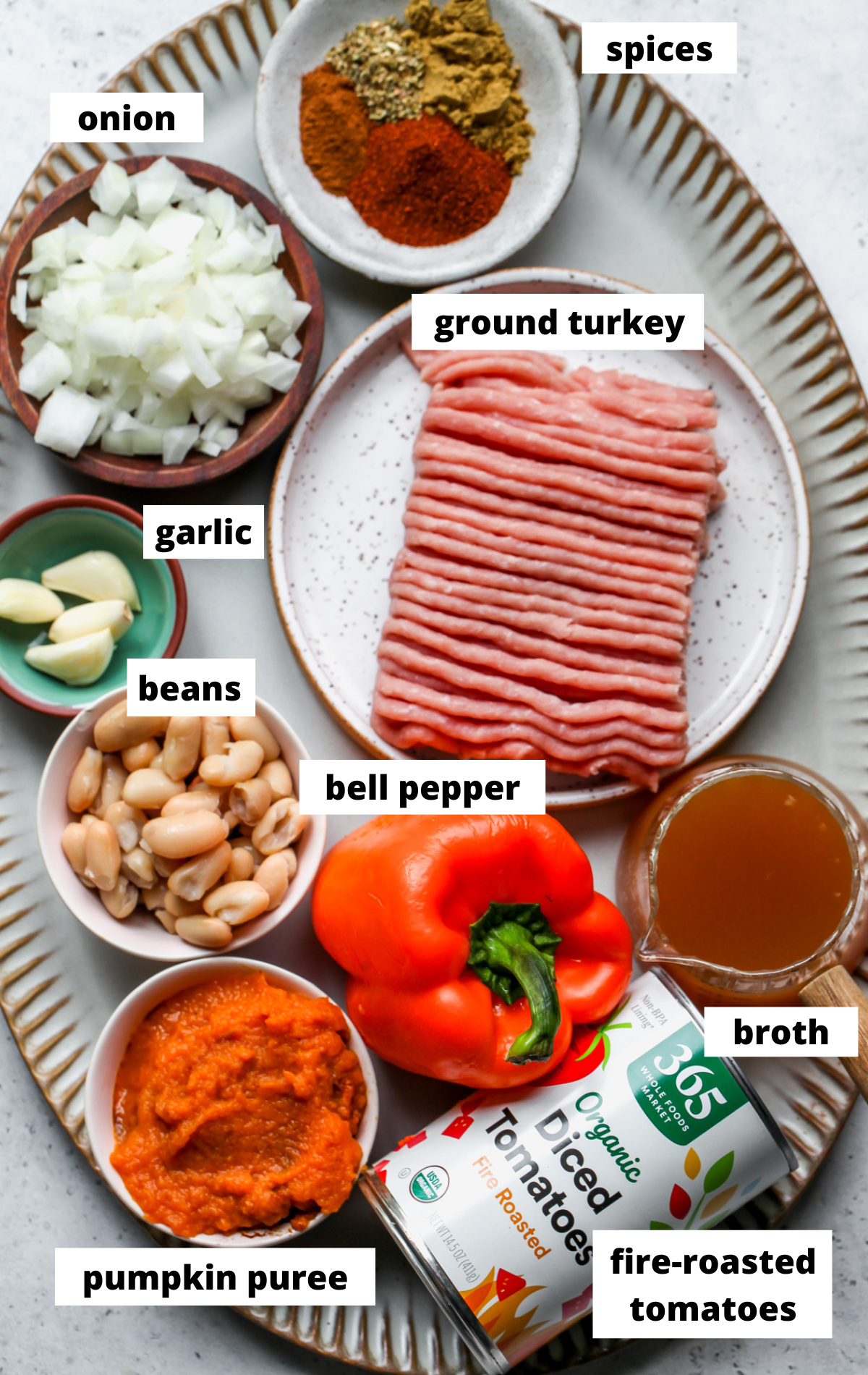 Recipe ingredients arranged in separate bowls on a platter with labels.