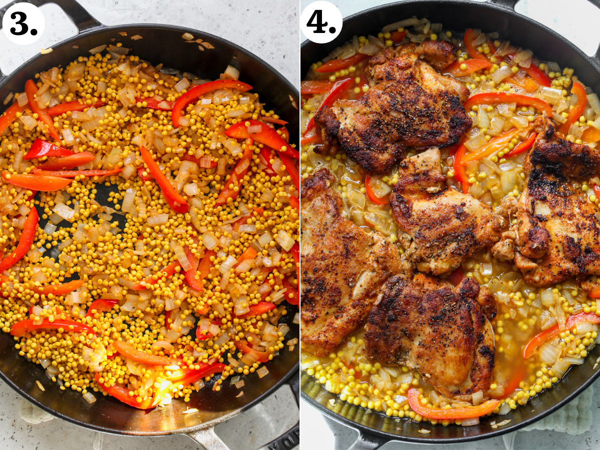Couscous, broth, and chicken thighs being added back to a pan of sautéed veggies.