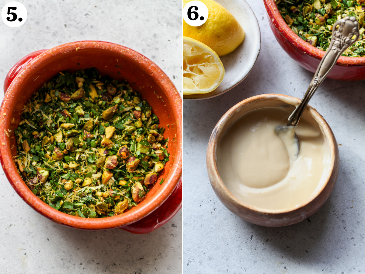 Pistachio gremolata being mixed in a red bowl, and tahini-honey being mixed in a small wooden bowl.