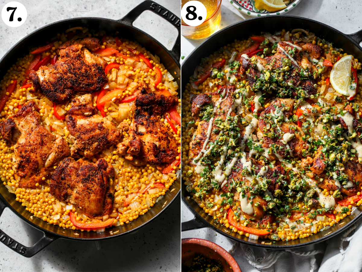 Chicken thighs and couscous after being simmered, and topped with pistachio and tahini garnish.
