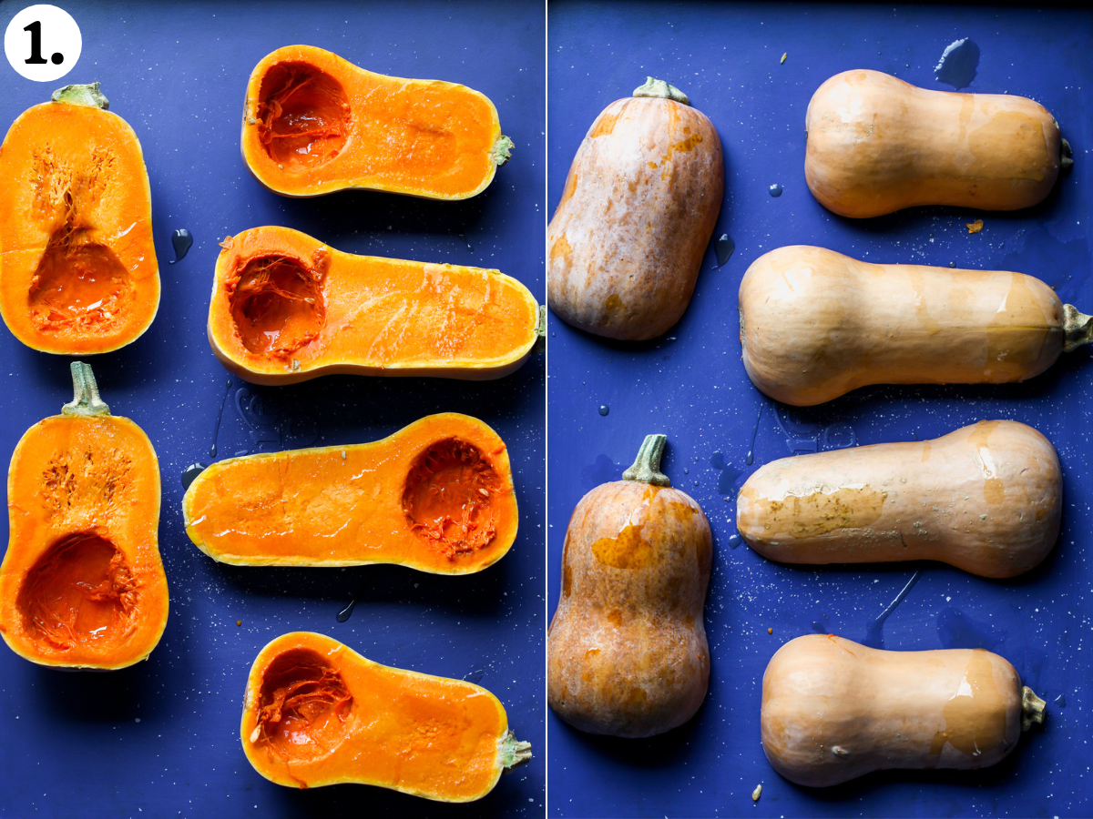 Honeynut squash sliced into halves and being roasted on a blue baking sheet.