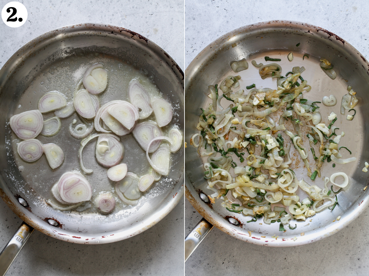 Shallots, garlic, and sage being sautéed in a skillet.