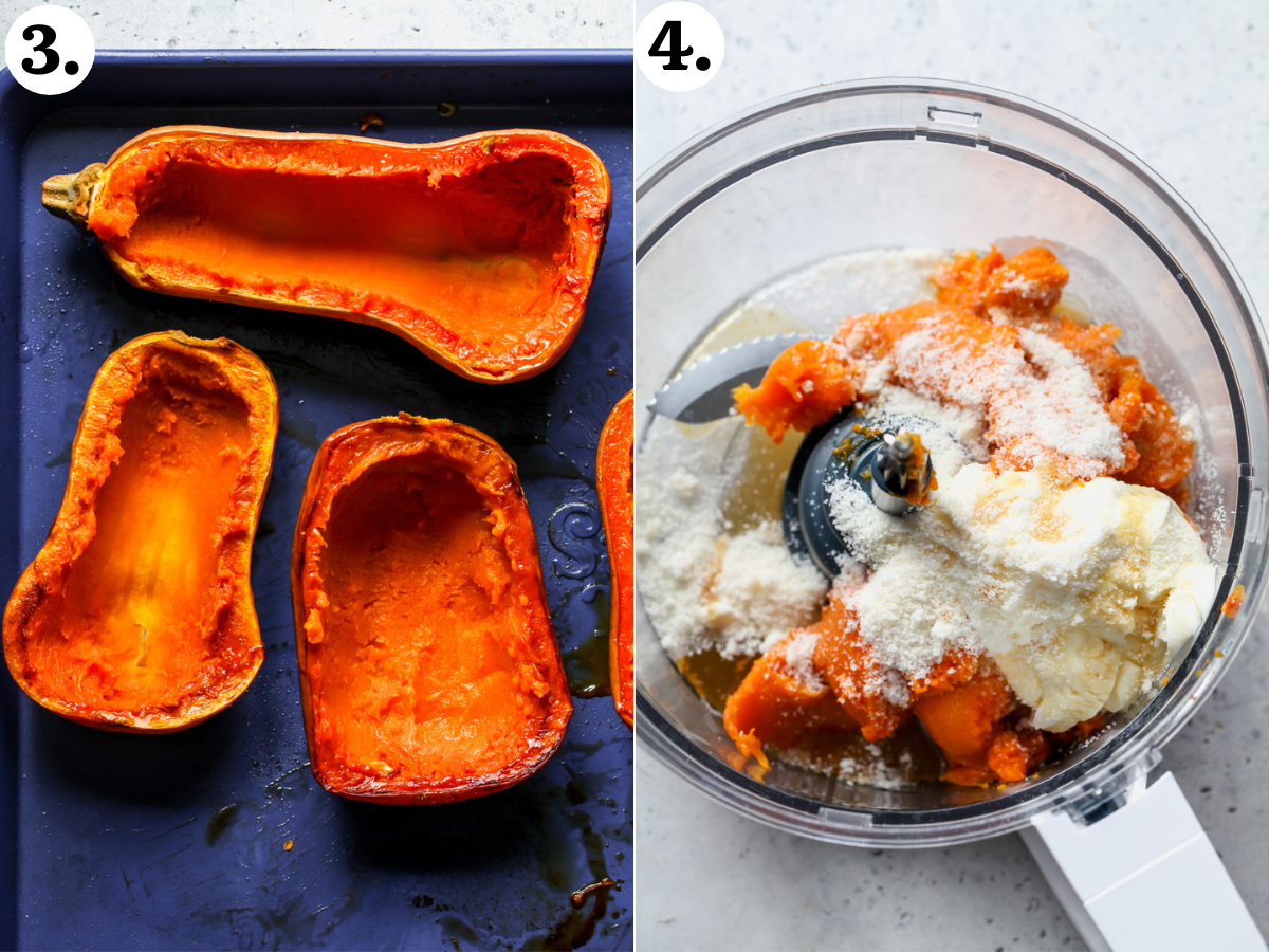 Squash boats being hollowed out and flesh being added to a food processor with creme friache, Parmesan, and maple syrup.