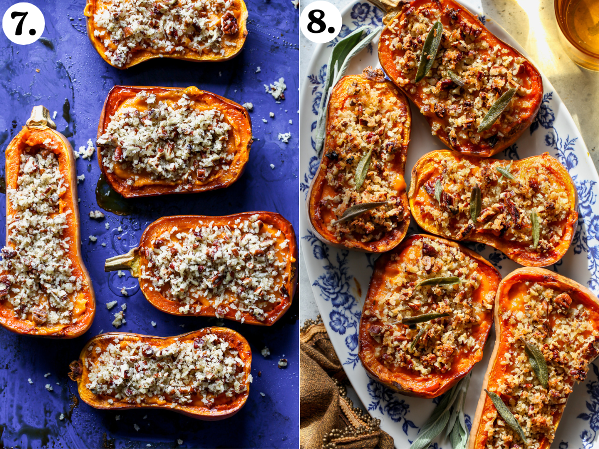 Pecan-panko topping scattered over squash boats on a baking sheet, and roasted until golden and crispy.