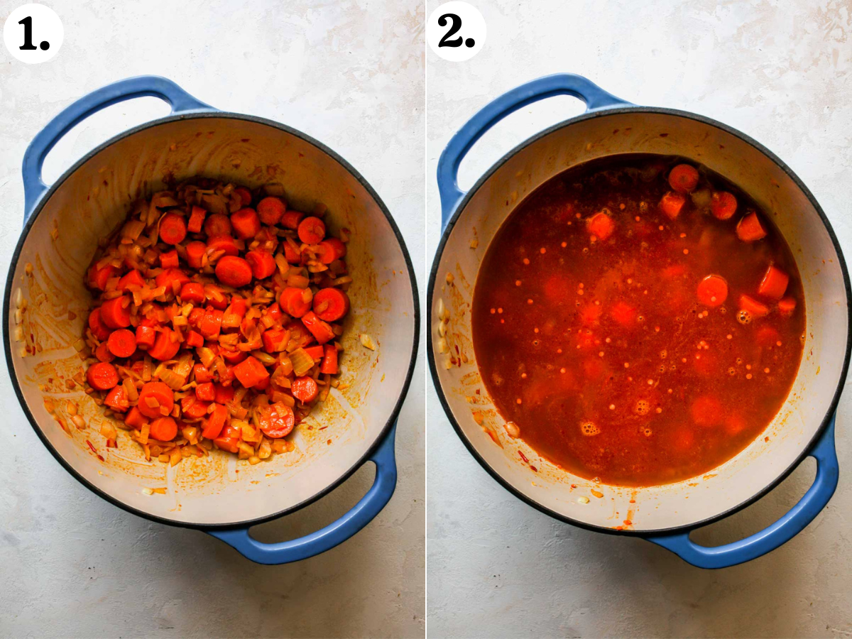 Onions, carrots, and spices being sautéed in a pot, and then red lentils and broth being mixed in.