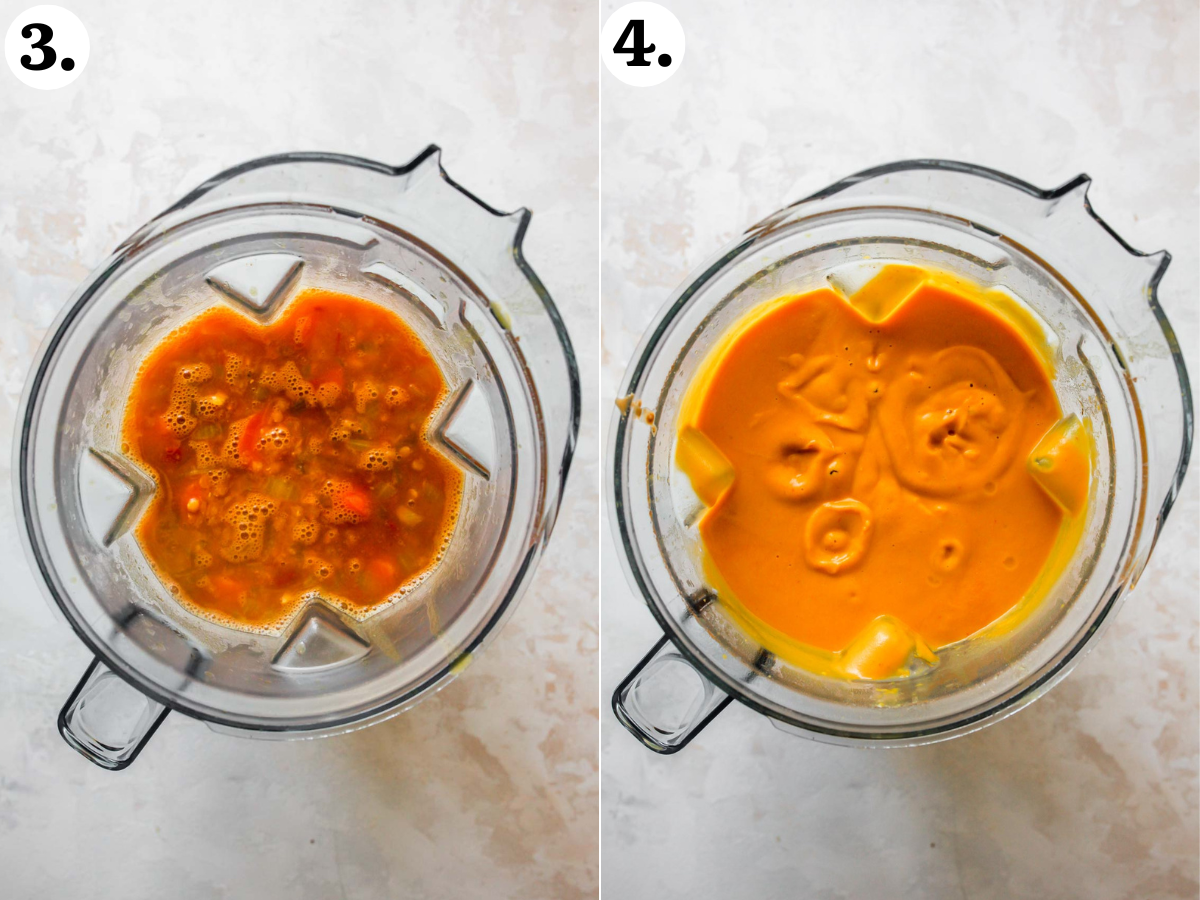 Soup mixture being transferred to a blender and blended until smooth and creamy.