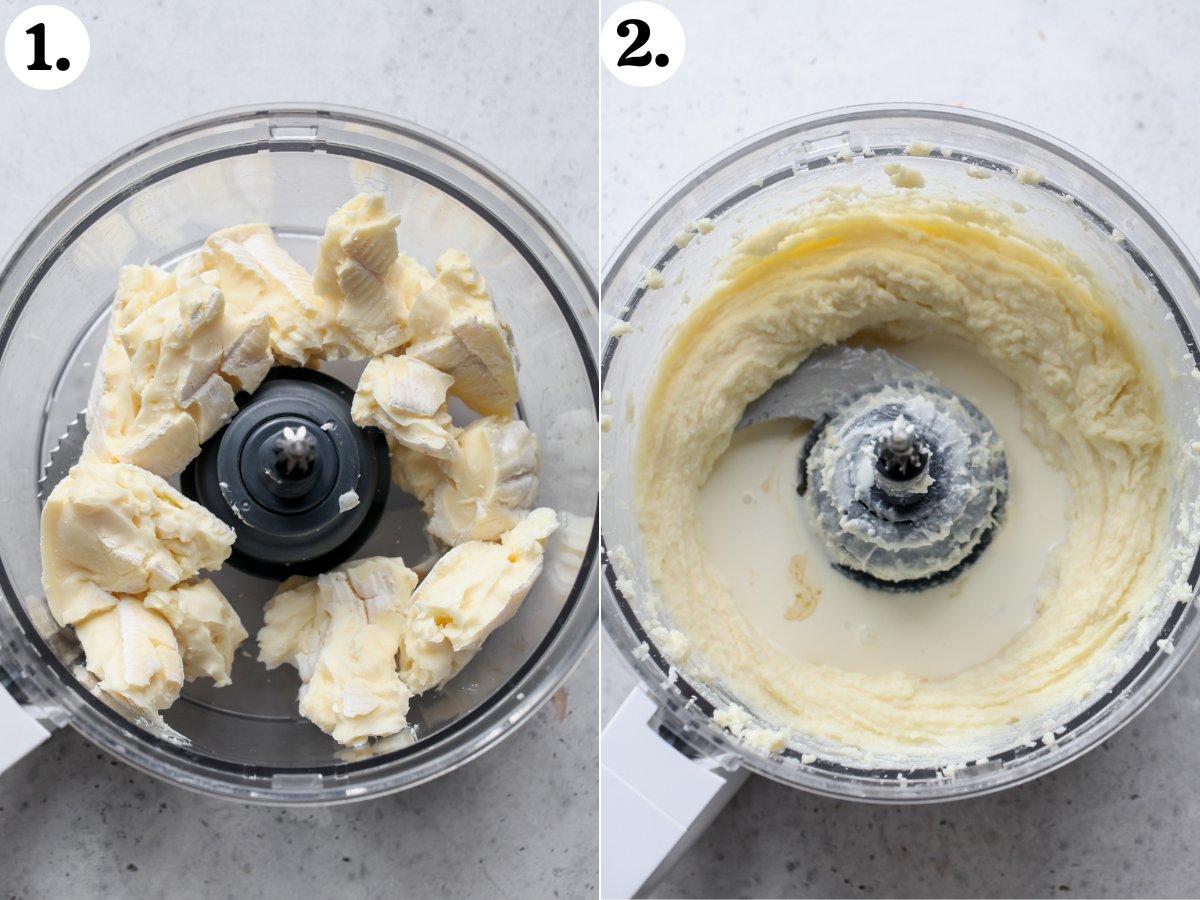 Brie cheese being whipped in a food processor until smooth.