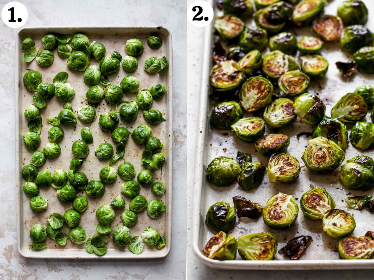 Halved Brussels sprouts being roasted on a large rimmed baking sheet.