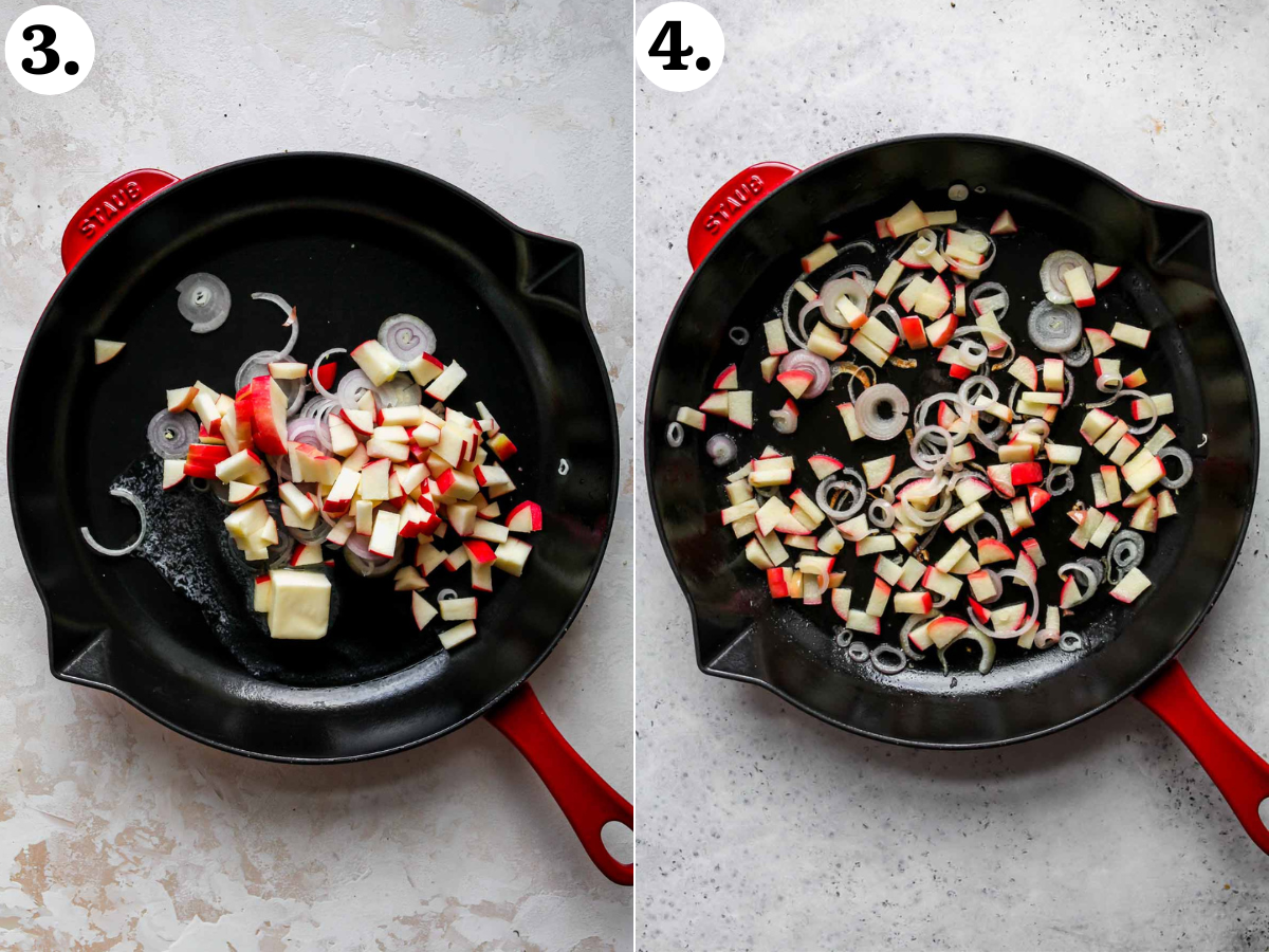 Shallots and apple being sautéed in a cast iron skillet.