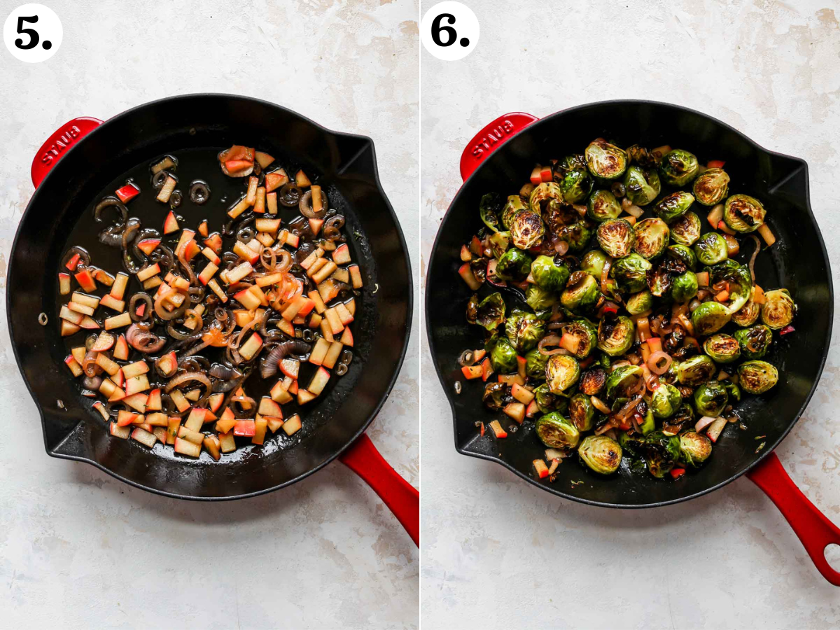 Cider mixture being simmer in a skillet, and Brussels and bacon being added back to the pan.