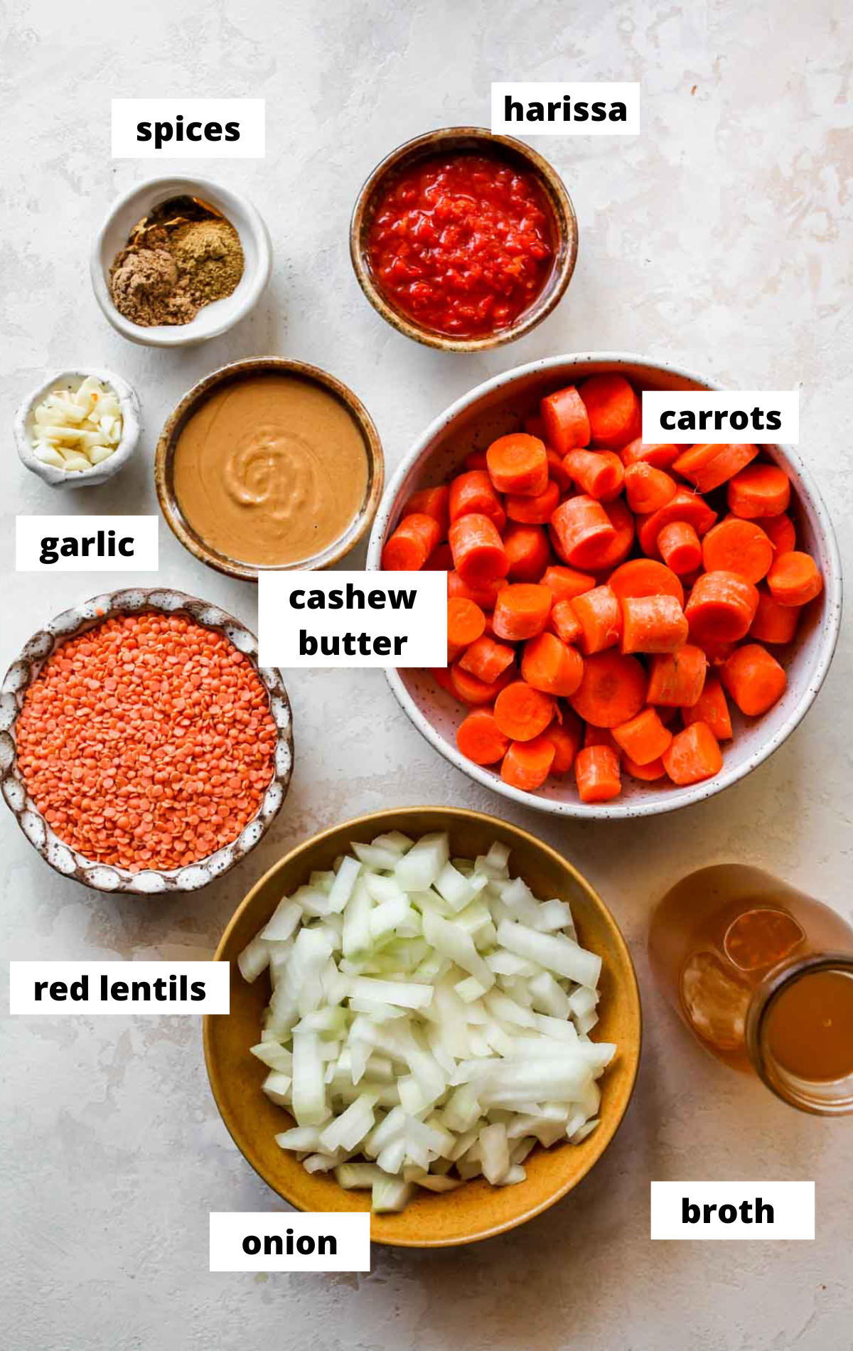 Recipe ingredients in separate bowls arranged on a white board with labels.