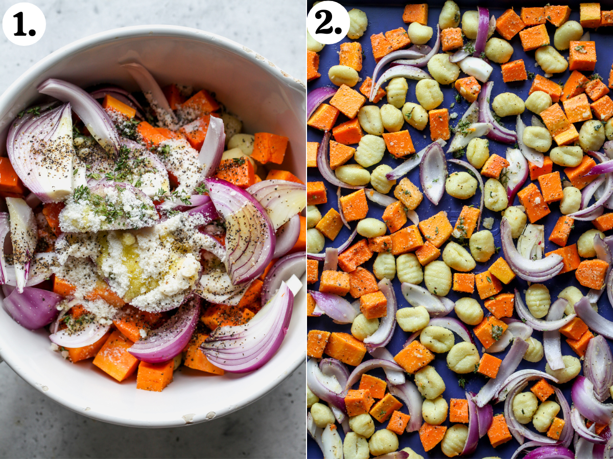 Gnocchi, butternut squash, red onion, herbs, cheese, and spices being mixed in a white bowl and emptied out onto a blue baking sheet.