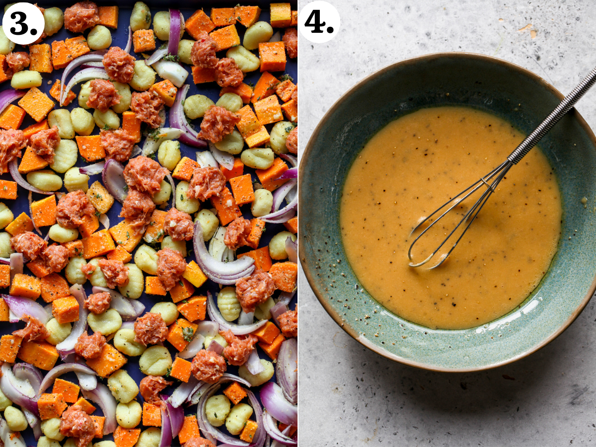 Sausage being added to the baking sheet of gnocchi and veggies, and miso-cider sauce being mixed in a blue bowl.