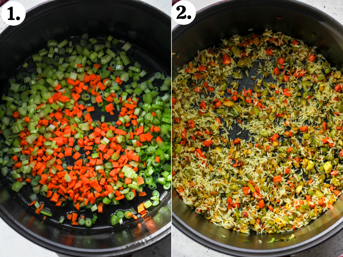 Scallions, carrots, celery, ginger, spices, and rice sautéing in a Dutch oven.