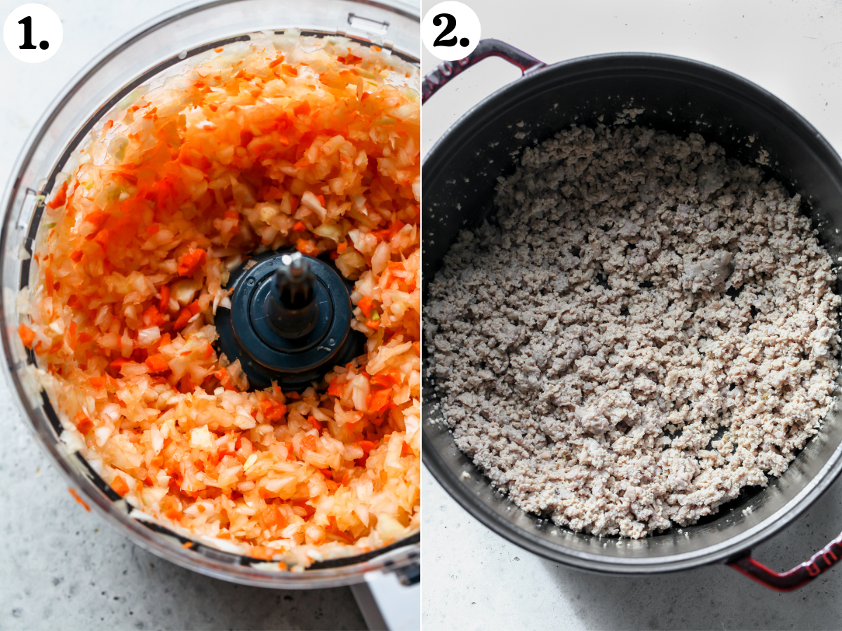 Veggies being pulsed in a food processor, and meat being browned in a Dutch oven.