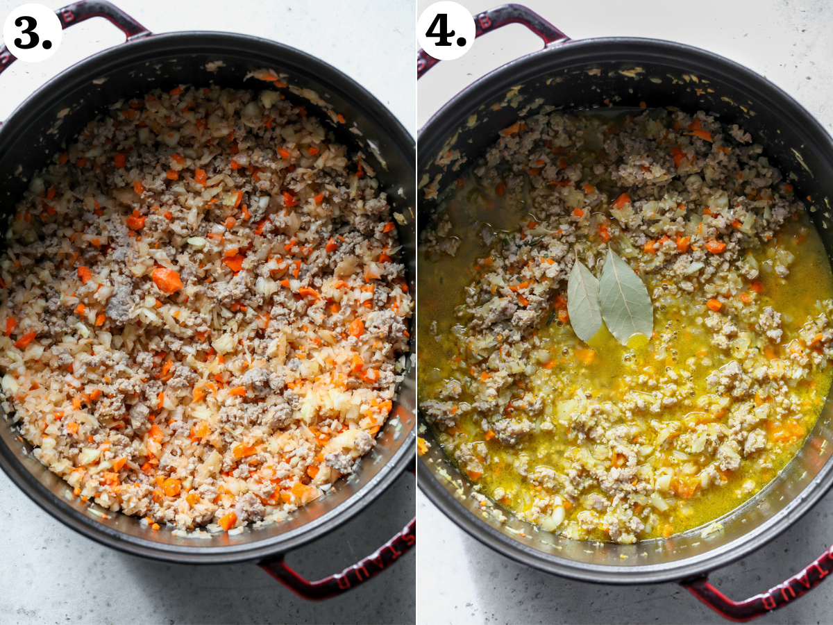 Veggies and meat being sautéed in a pot, and deglazed with white wine.