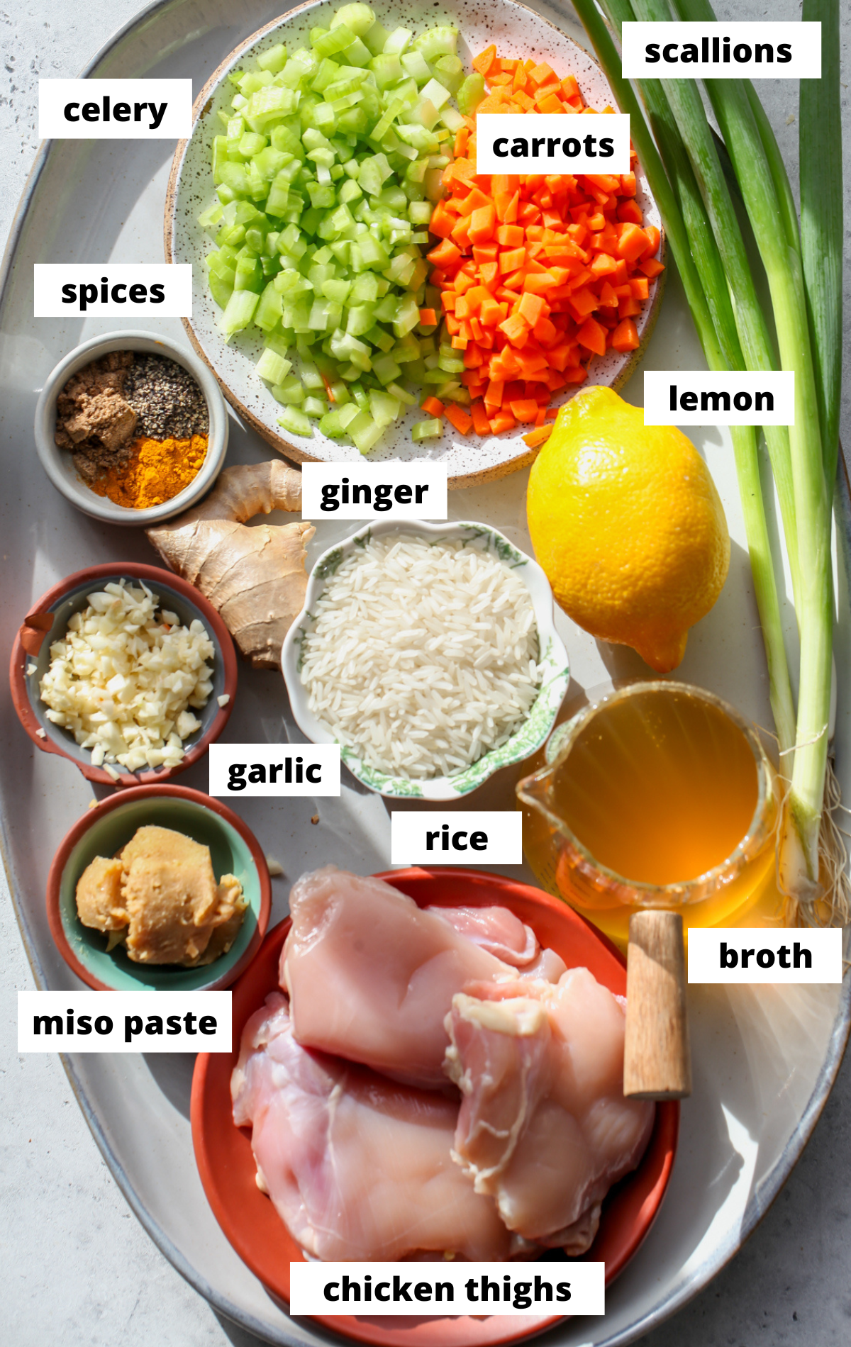 Recipe ingredients arranged on a white platter with labels.
