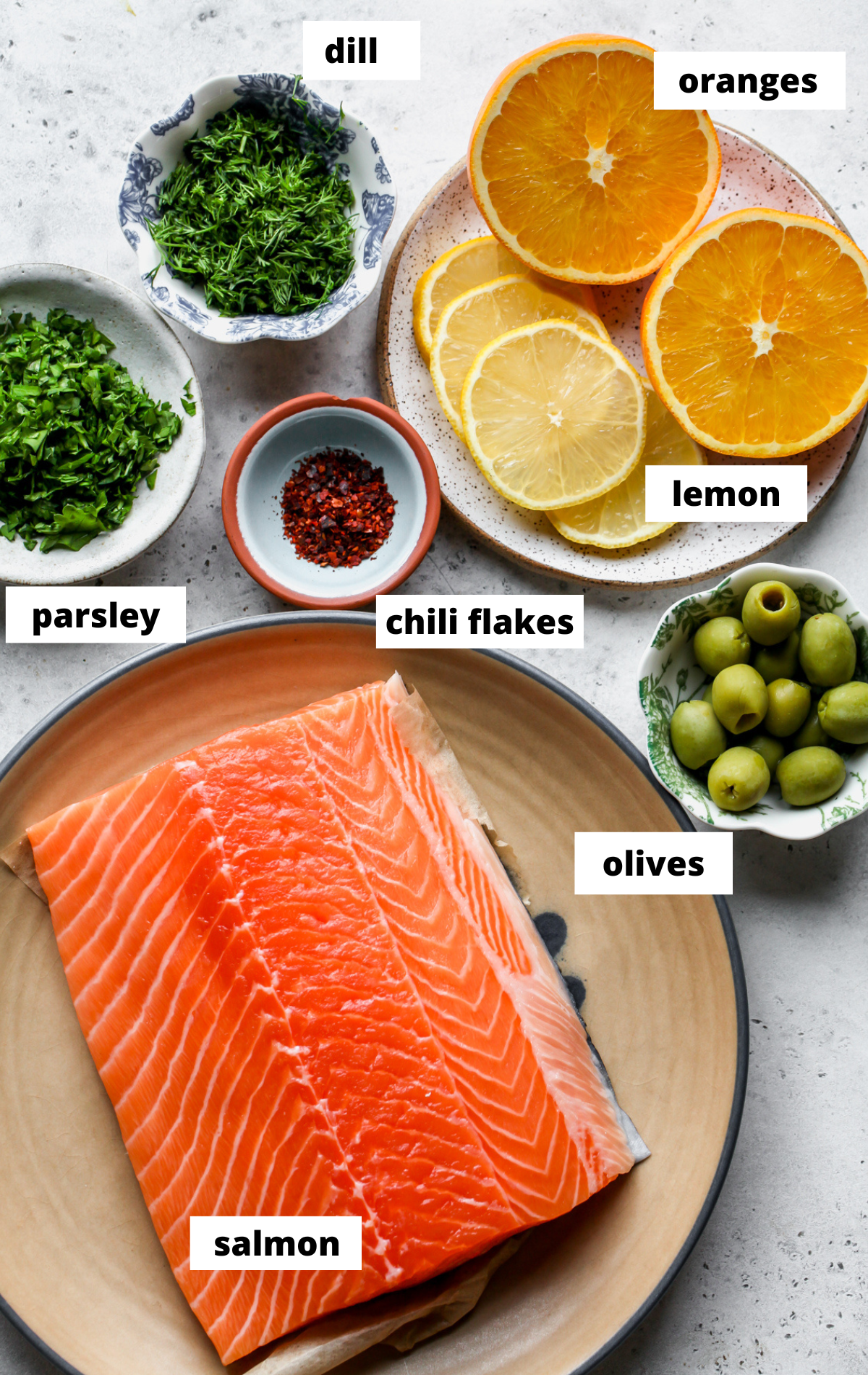 Recipe ingredients arranged on a blue surface with labels.