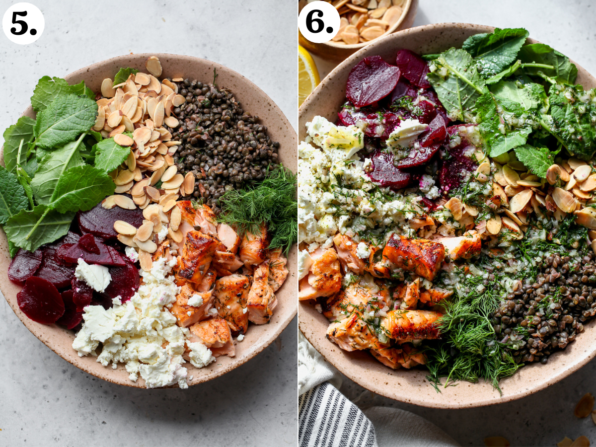 All of the salad components arranged in a large pink serving bowl and lemon-dill dressing poured overtop.