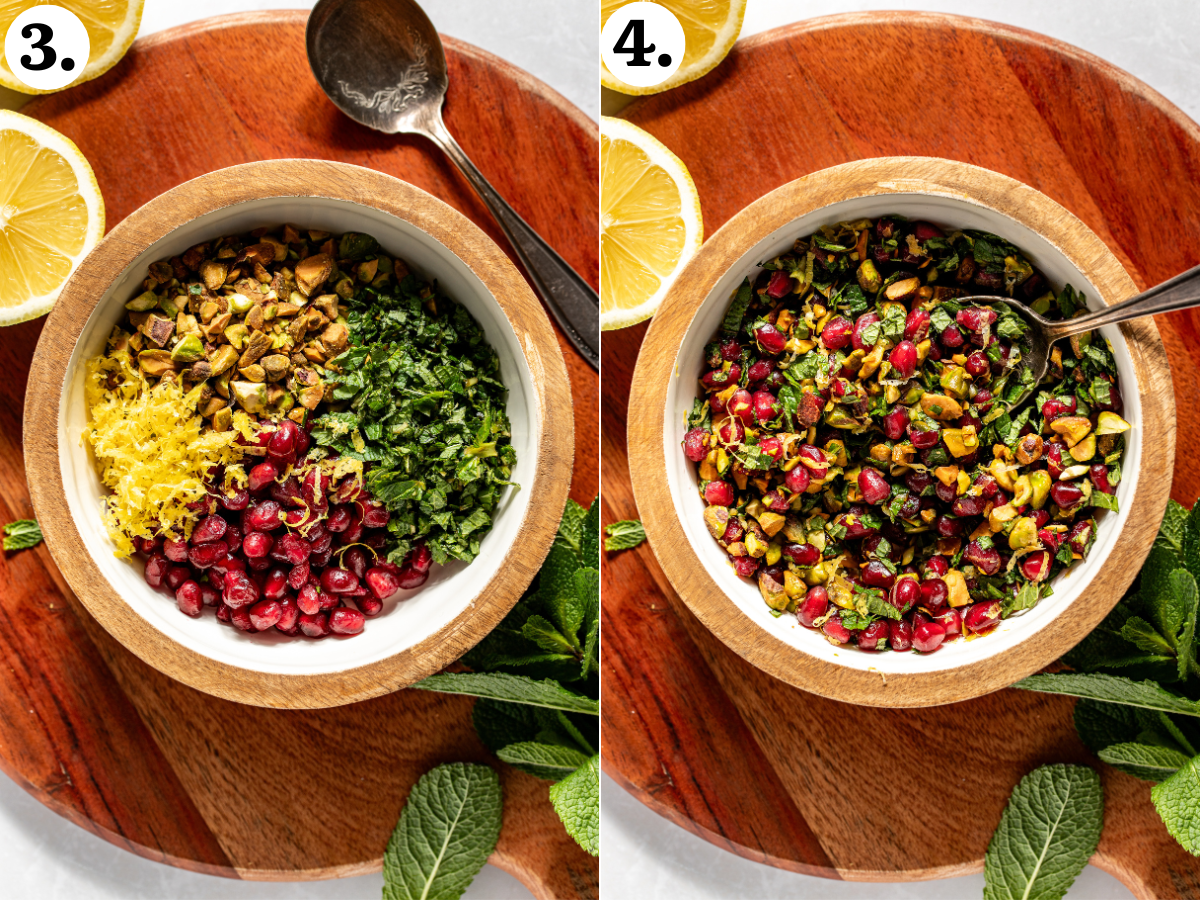 Pistachios, pomegranate arils, mint, and lemon zest being mixed in a small bowl.